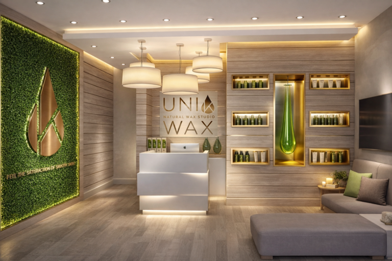 Reception area of a modern Uni Wax natural waxing studio with a green living wall, minimalist front desk, and warm spa lighting.